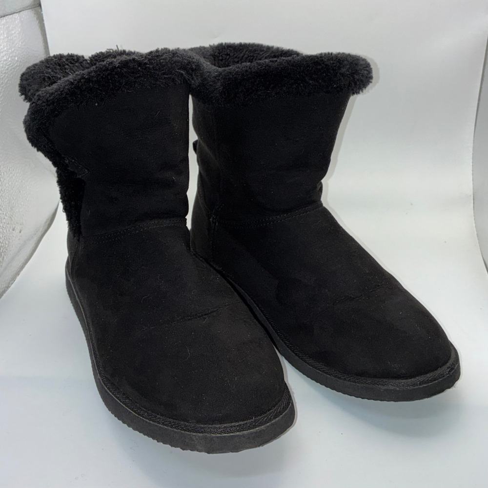 Old Navy Black Faux Suede Mid Calf Winter Boots Faux Fur Lining Womans Size 8